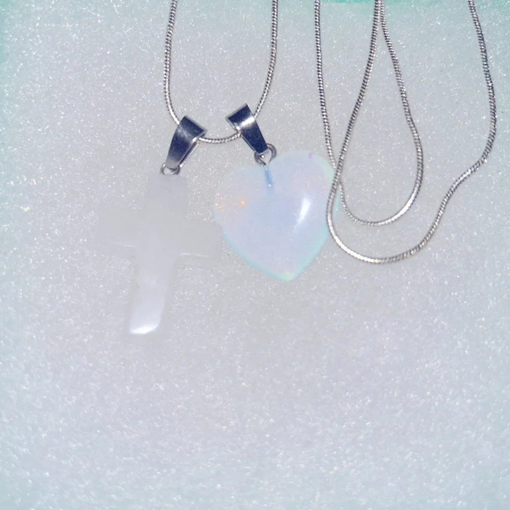 Boho hippie Quartz Crystal Cross and Opal heart Sterling Silver 16” Nec…